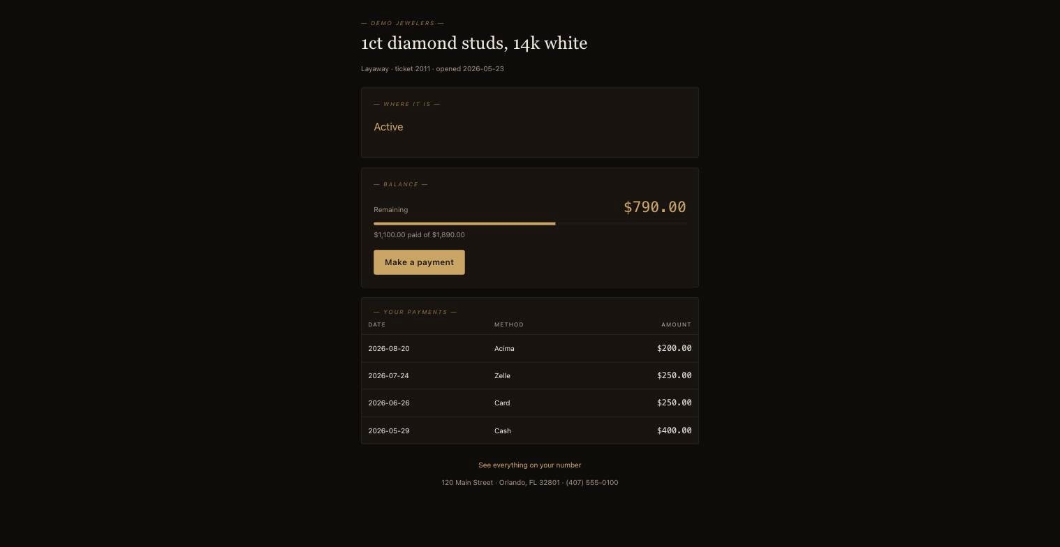 A customer's view of their layaway: balance remaining, a progress bar, and every payment they have made.