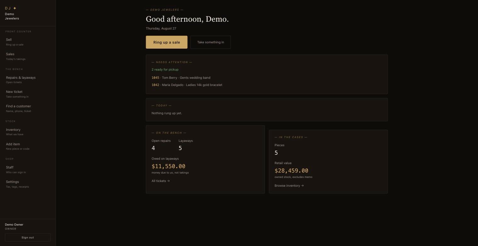 The Nava dashboard: two pieces ready for pickup, today's takings, layaway balance owed, and stock value.