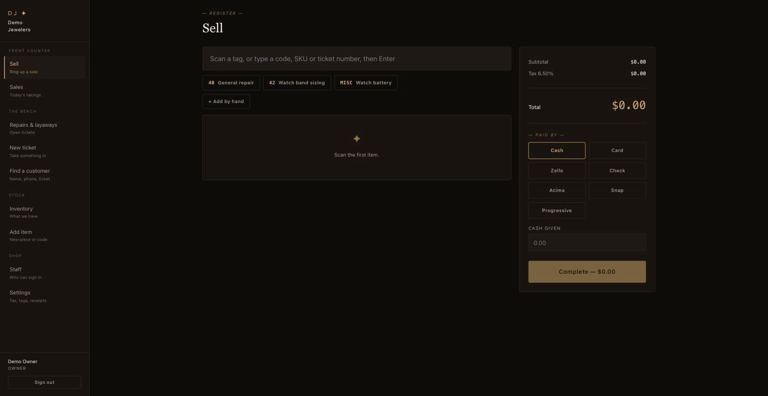The register screen with quick codes, payment methods including financing, and a total.