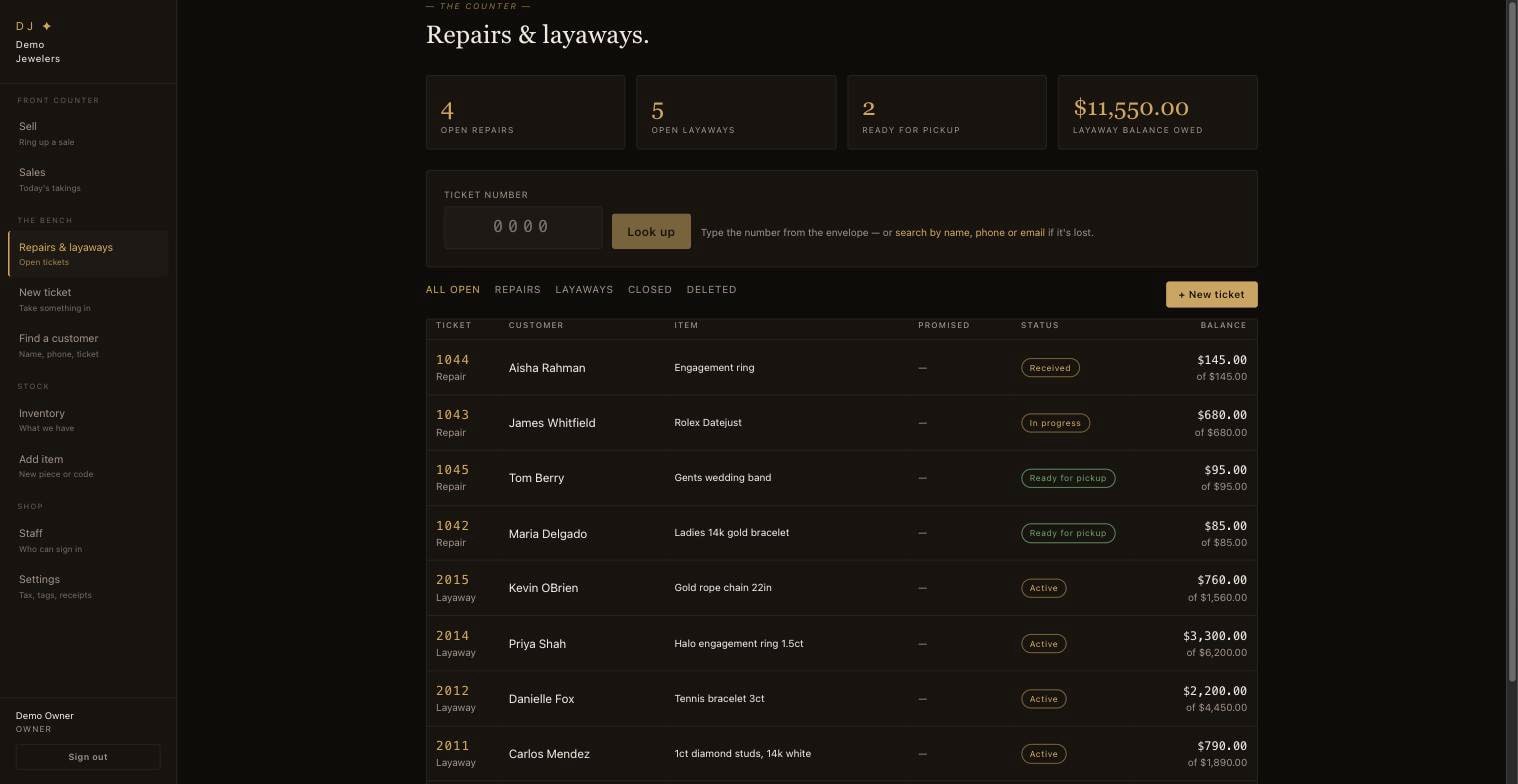 The repairs and layaways list, showing ticket numbers, customers, items, statuses and balances.