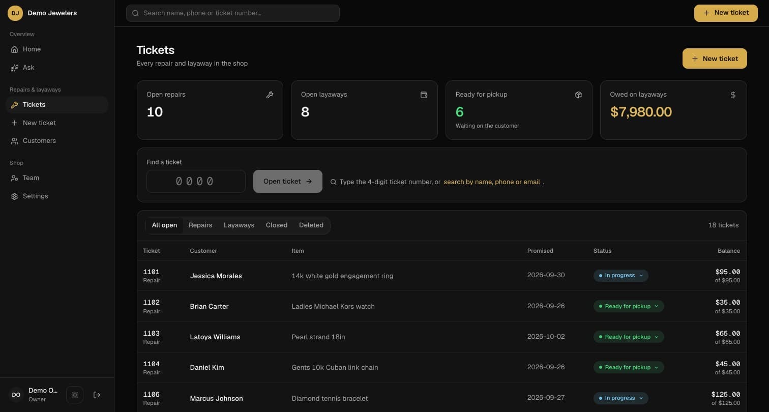 The tickets list with ticket numbers, customers, items, statuses and balances.